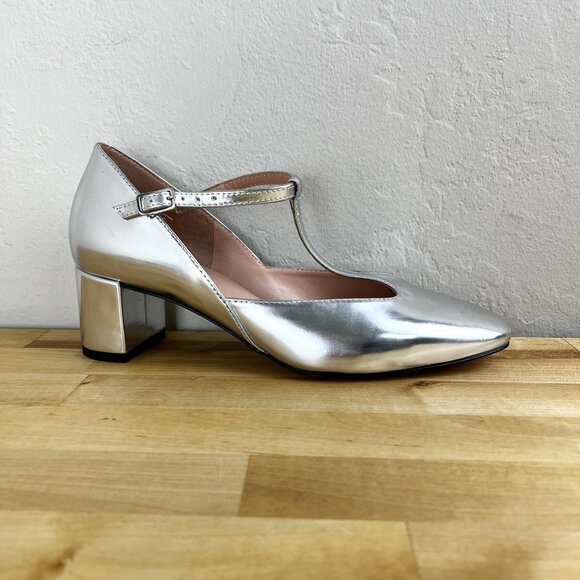 J. Crew Shoes - J.Crew Millie T-strap Heels Metallic Silver Mary Jane Ankle Strap Block Size 7
